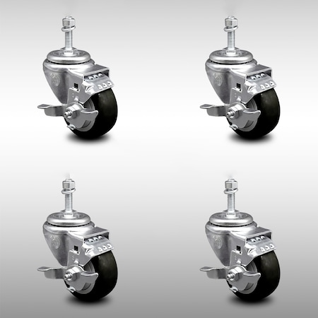 Service Caster 3 Inch SS Black Polyurethane Swivel 10mm Threaded Stem Caster Set Brake SCC SCC-SSTS20S314-PPUB-BLK-TLB-M1015-4